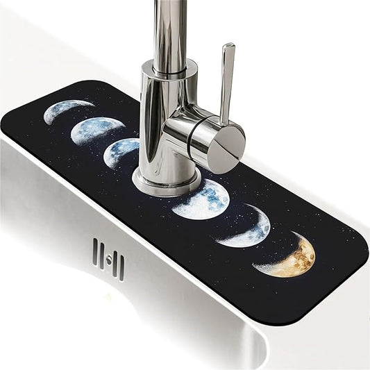 Kitchen Sink Splash Guard，phase of the moon Faucet Mat Sink Gadgets-Super Absorbent Fast Drying Mat Drip Catcher for Kitchen, Bathroom,Sink Mat, Dish Drying Mat, Bathroom(15" X 5.5" )