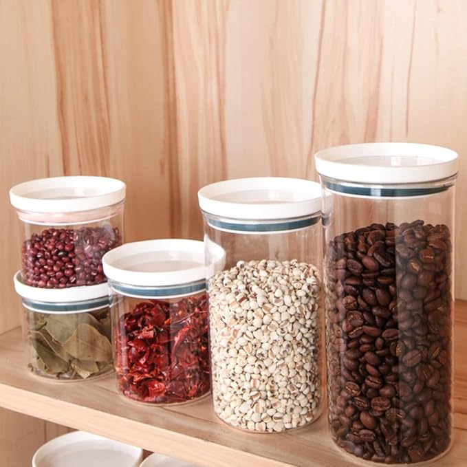 Plastic Food Storage Jars Set 4pcs (250ml 350ml) Airtight Sealed Containers with Lid for Kitchen Pantry Organization, Sturdy Plastic Pot Containers for Cereals Beans Storage