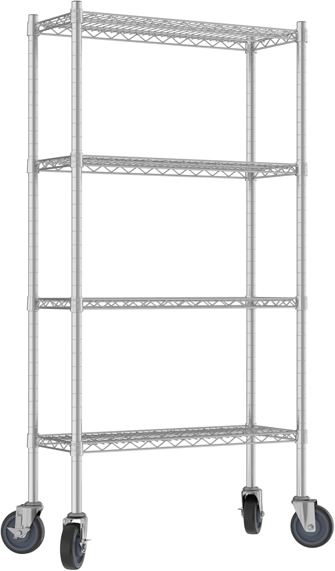Commercial NSF Listed Chrome Mobile Wire Shelving Kit 12" x 30" x 60", with 4 Shelves Perfect for Warehouse, Walk-in Refrigerator, Freezer, Grocery Store, Restaurant, Dishroom
