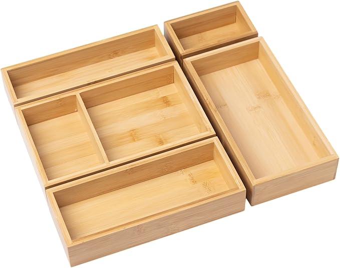 5-Piece Bamboo Drawer Organizer Set Wooden Drawer Organizer for Office，Kitchen Wood Drawer Tea Organier Boxes Silverware, Makeup and Tea Bag