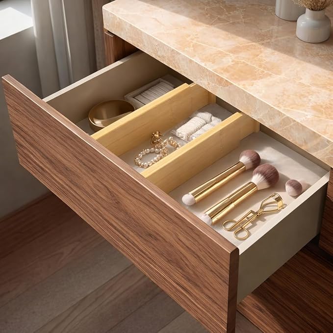 Bamboo Adjustable Drawer Divider, Expandable Drawer Organizer Insert, Non Slip Kitchen Utensil Closet Storage Separator (Natural)