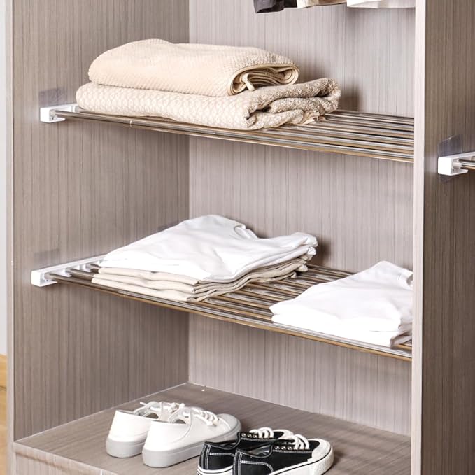 Hershii Extendable Closet Shelf Wardrobe Rail Metal Hanging Rod Storage Rack Expanding Clothes Divider Separator Organizer for Cabinet Cupboard Kitchen Bathroom, (21.65''-35.43'') X 16.82''