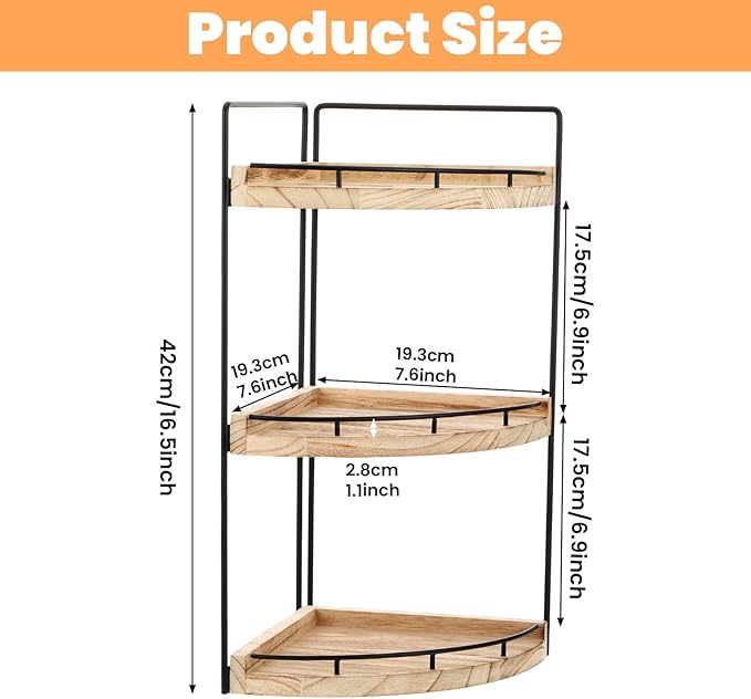 3-Tier Corner Bathroom Counter Organizer - Bathroom Counter Corner Shelf with Rustic Wood & Metal Frame, Space-Saving Vanity Tray for Toiletries, Cosmetics (16.5" x 7.6" x 7.6")