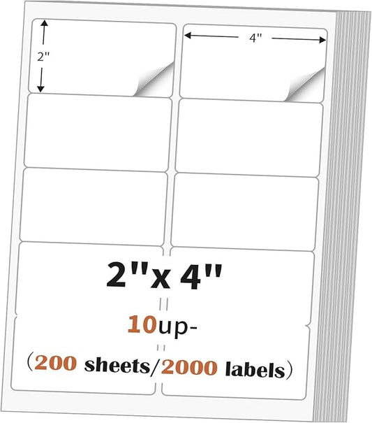 2"x 4" (200 Sheets) Address Labels Sticker Paper for Laser/Ink Jet Printer, Printable and Writable White Sticker Label- Matte, 10 per Page Label (Total 2000 Labels)