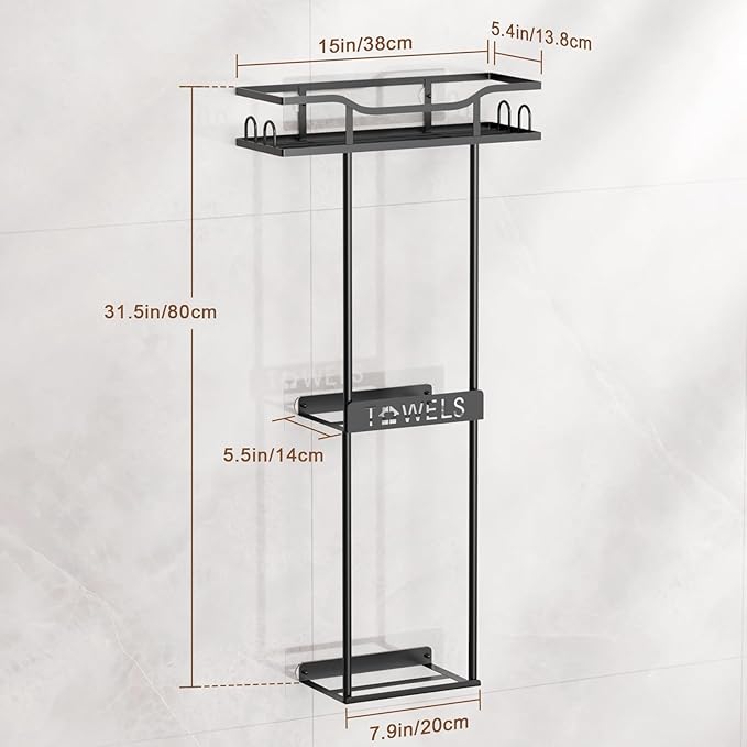 Towel Racks for Bathroom Wall Mounted Towel Storage Organizer Wall Towel Rack for Rolled Towels（2 Tier Black