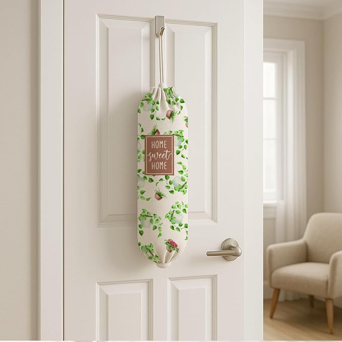 Plastic Bag Holder, Home Sweet Home Plastic Bag Holder for Kitchen Essentials, Bags Holders for Plastics Bags Groceries Store, Leaf Reusable Trash Sack Storage Dispenser to Kitchen Decor