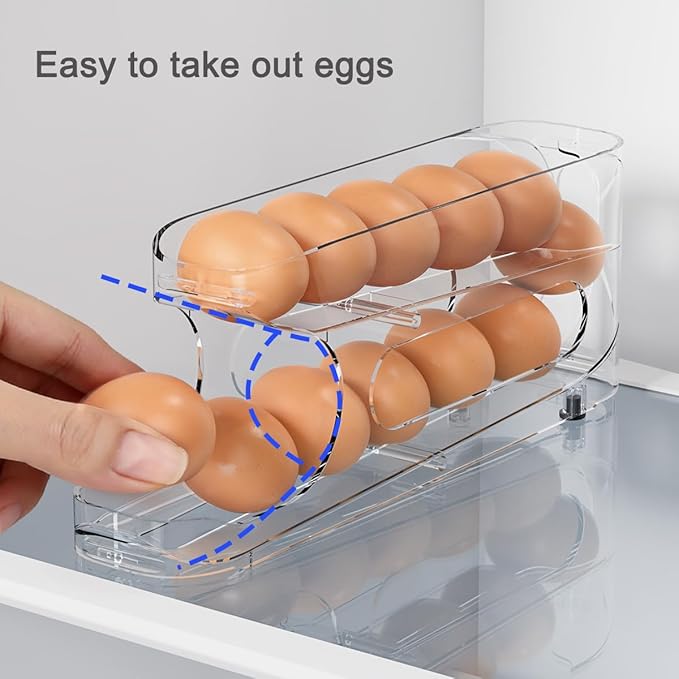 Egg Holder for Fridge, Auto Rolling Egg Storage Organizer for Refrigerator, Clear Space Saving Container, Dispenser - FIFO Egg Roller for Eggs 24 Count