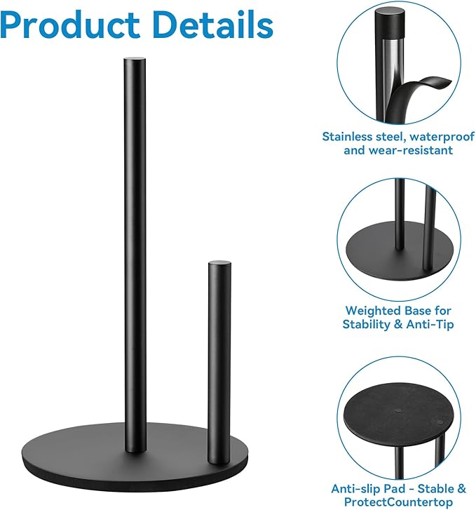 Paper Towel Holder Kitchen,Premium Stainless Steel Roll Dispenser,Countertop Paper Holder with Weighted Base, Black