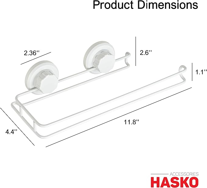 HASKO Suction Cup Paper Towel Holder, Wall Mount Metal Organizer for Bathroom & Kitchen, SUS 304 Stainless Steel Tissue Roll Hanger, Includes Optional No Drill Adhesive Mount, White