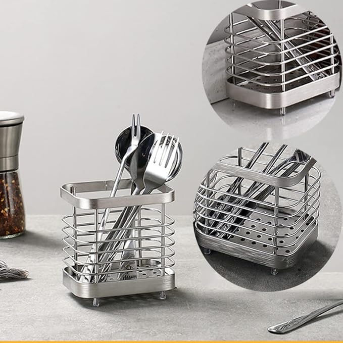 Utensil Holder, Stainless Steel Sink Utensils Holder Countertop, Kitchen Utensil Drying Caddy, Cutlery Drainer for Utensil, Rust-Proof Cutlery Sink Organizer (Silver)
