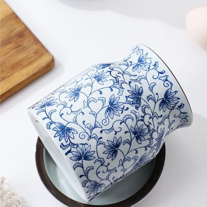 WAIT FLY Blue and White Porcelain Kitchen Utensil Holder with Bottom Flatware Storage Organizer Utensil Crock for Countertop Kitchen Counter Decor-5.5 Inch