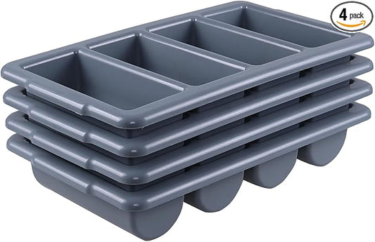 4 Pack Plastic 4-Compartment Commercial Cutlery Bin, Plastic Restaurant Silverware Holder Tray, Grey