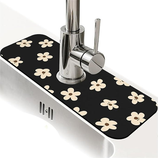Kitchen Sink Splash Guard，Cream flowers Faucet Mat Sink Gadgets-Super Absorbent Fast Drying Mat Drip Catcher for Kitchen, Bathroom,Sink Mat, Dish Drying Mat, Bathroom(15" X 5.5" )