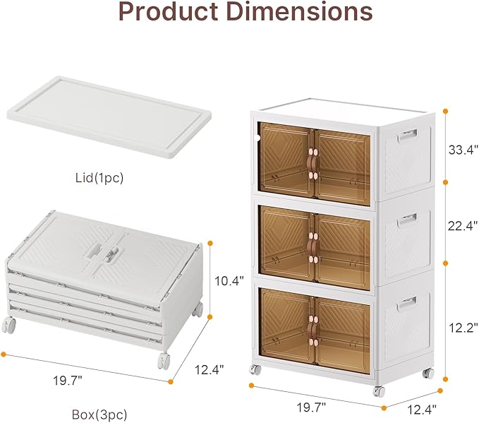 VNVTO Stackable Storage Bins with Lids, Large Collapsible Storage Bins with Wheels, Plastic Cabinet with Doors, Foldable Closet Organizers for Home, Dorm, Office (White-55QT, 3Pack with 1Top Lid)