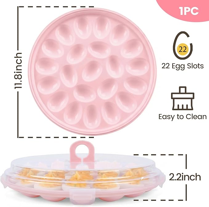 HANSGO Deviled Egg Containers with Lid, Deviled Egg Platter Carrier Holder Trays with 22 Slots for Holiday Party and Home Kitchen, Pink