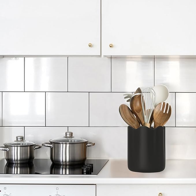 Ceramic Utensil Holder for Kitchen Counter, 6.2" Kitchen Utensil Holder with Cork Bottom for Countertop, Modern Scalloped Cooking Tool Organizer for Spatula, Black