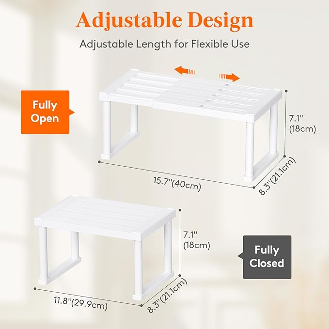 Lifewit Cabinet Shelf Organiser, Expandable Countertop Kitchen Shelves, Plastic Shelf Riser for Pantry Kitchen Storage and Spice Rack, Set of 3, 40 x 21 x 18cm/16 x 8 x 7 inch, White