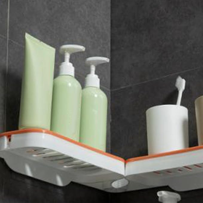 Tissting Bathroom Corner Shelf, Wall Mount Foldable Shower Caddy Organizer Basket Bathroom Sink Shelf Over Faucet Adhesive Storage Rack for Bathroom Kitchen (White Orange)
