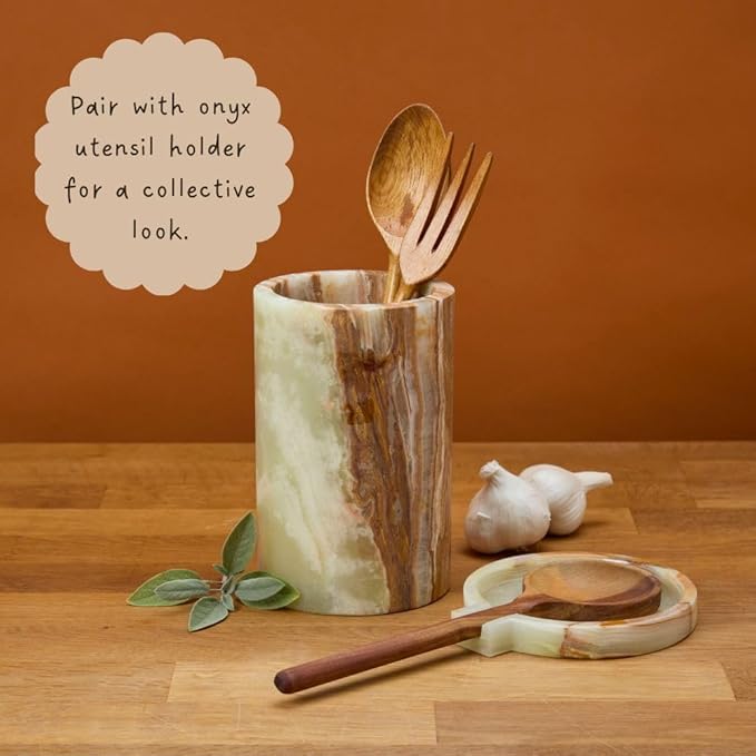Spoon Rest for Stovetop, Large Onyx Stone Spoon Holder for Kitchen Counter, Heat-Resistant Cooking Spoon Rest, Kitchen Decor, Kitchen Essentials, 5" Wide, Natural Beige, Varying Patterns