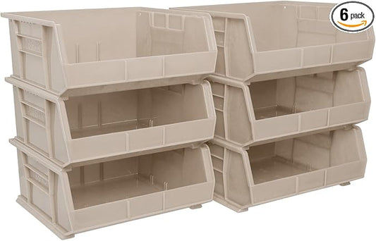 Akro-Mils 30250 AkroBins Plastic Storage Bins, Space-Saving Stackable Bins for Garage, Pantry, Craft Organization, 15" x 16" x 7", Stone, 6-Pack