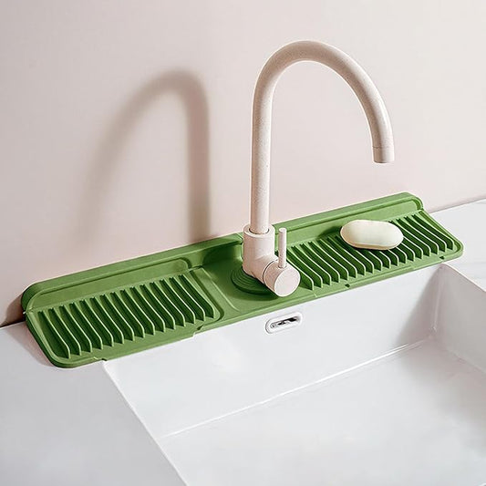 Longer Silicone Faucet Mat for Kitchen Sink – Button Style Faucet Drip Catcher & Leak-Proof Sink Splash Guard with 6° Slope, Behind Faucet Draining Mat,Gadgets for Bathroom (green, large)
