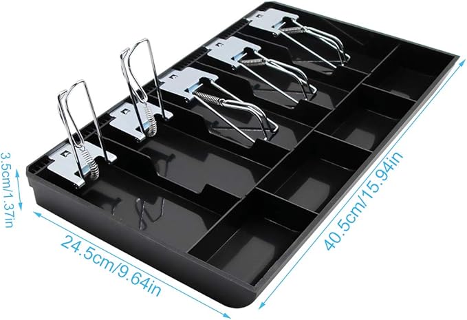 Cash Register Drawer Insert Tray 5 Bill/4 Coin Compartments with Metal Clip for Money Storage, Black