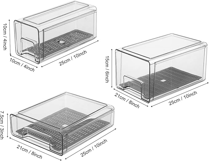 Bronkeeper Pull Out Clear Fridge Organizer Drawers with Drainer, Refrigerator Stackable Storage Bins for Kitchen Fruit & Veggie Organization (Complete Set)