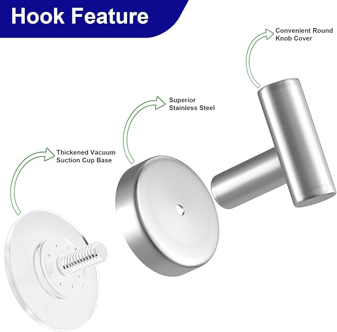 VINHOLD Suction Cup Hooks for Shower, Shower Hooks for Hanging Towels, Robes, Bath Balls, Stainless Steel Towel Hooks for Bathroom Wall, Glass Door, Kitchen, Mirror, Tile (2 Pack，Silver)