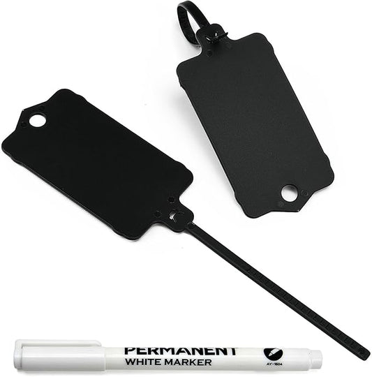 LeadSeals 100pcs Blank Plastic Tags for Labeling Reusable Hanging Tags Ties Key Tag Storage Tag Waterproof Plastic Mark Label Writable Hang Sign with One Marker Pen (Black)