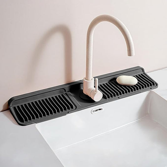 Longer Silicone Faucet Mat for Kitchen Sink – Button Style Faucet Drip Catcher & Leak-Proof Sink Splash Guard with 6° Slope, Behind Faucet Draining Mat,Gadgets for Bathroom (black, large)