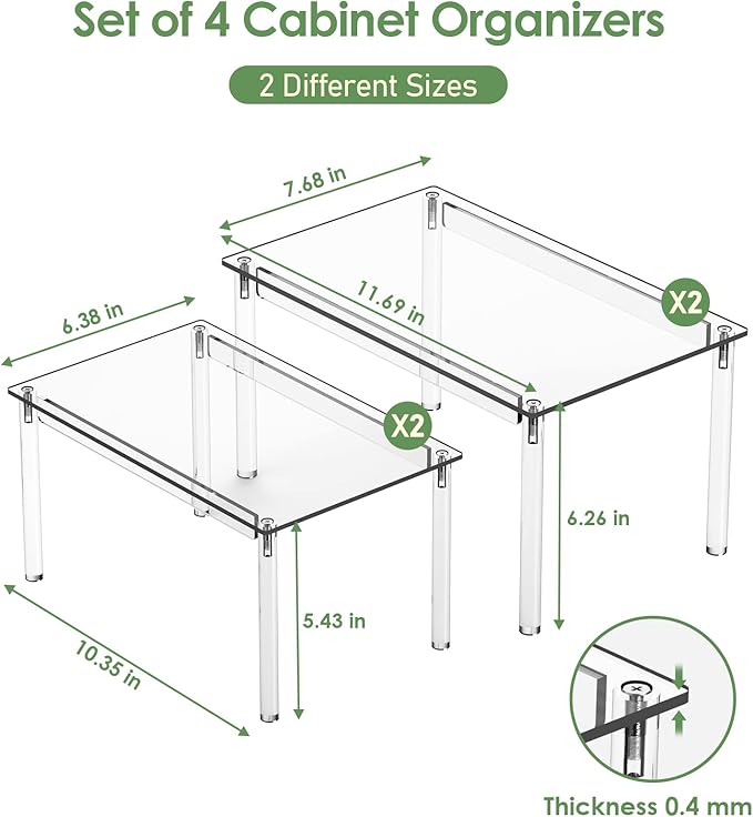 Delamu Clear Kitchen Cabinet Organizer, Set of 4 Acrylic Shelves Organizer for Kitchen Pantry Organizers and Storage, Stackable Cabinet Organizer Shelf for Plate & Dish, 11.7" D x 7.7" W x 6.3" H