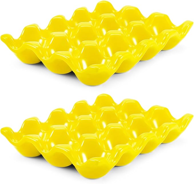 Flexzion 12 Cups Ceramic Egg Holder for Fridge - Dozen Ceramic Egg Tray Porcelain Container Storage Organizer Decorative Serving Stand Serveware for Refrigerator Countertop Display (Yellow, 2 Pack)