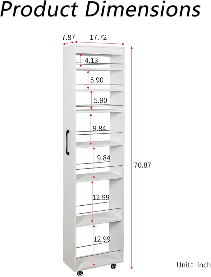 Domesto 7 Tier Slim Storage Cart, Rolling Spice Rack Next to Fridge Slim, Wooden Narrow Buffet Server Storage Shelf Freestanding Shelves Units, for Living Room & Narrow Spaces (White)