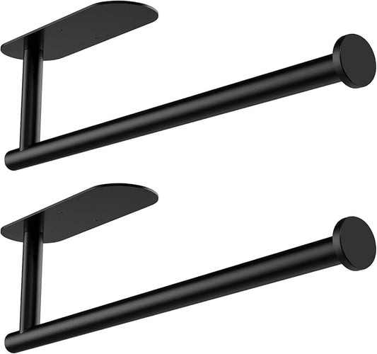 Paper Towel Holder Under Cabinet - Self Adhesive Paper Towel Roll Holder Wall Mount, Matte Black Stainless Steel Towel Paper Holder for Kitchen, Bathroom, Cabinets (2 Pcs)