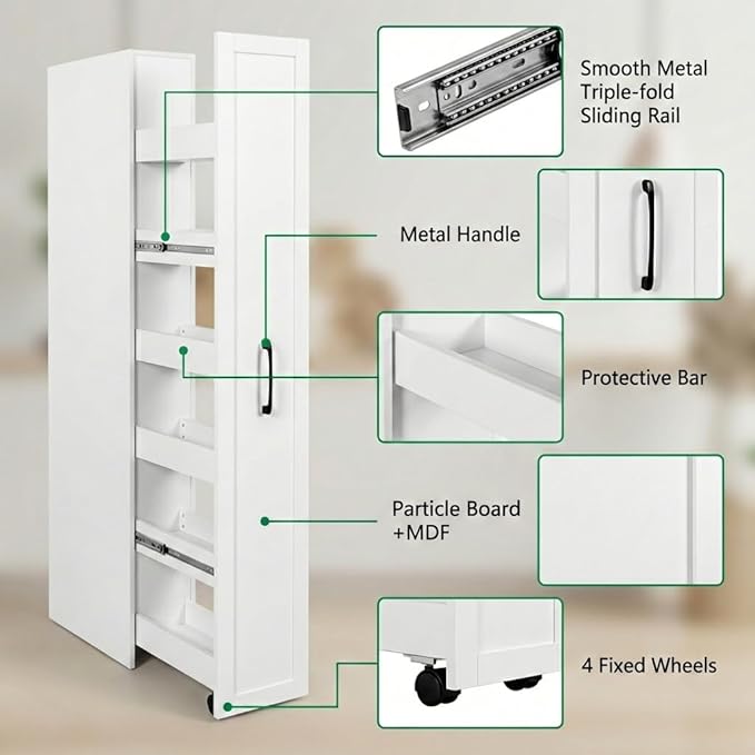 Slim Rolling Storage Cart, 6-Tier Pull-Out Spice Rack with Handle & Wheels, Narrow Kitchen Organizer for Next to Fridge, Pantry, Laundry Room,11.8 Inch Wide Space Saver (White, With Side Panel)