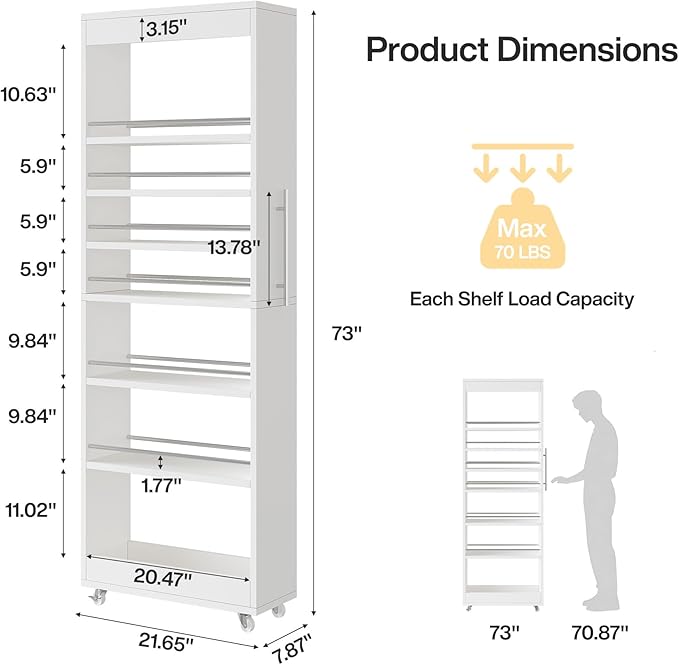 Tribesigns 73" Tall Slim Storage Cart on Wheels, 7-Tier Narrow Pantry Cabinet, Rolling Skinny Spice Rack Organizer Next to Fridge, Wooden Pull-Out Storage Shelf for Kitchen Small Spaces, White