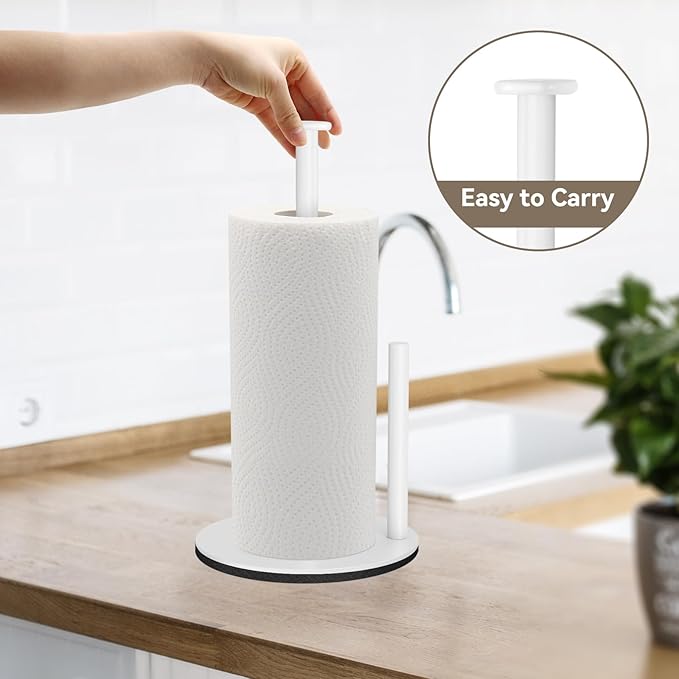 Paper Towel Holder Countertop, White Kitchen Roll Holder Stand for Kitchen and Bathroom Organization, Weighted Stainless Steel Paper Towel Holders for Standard and Large Rolls
