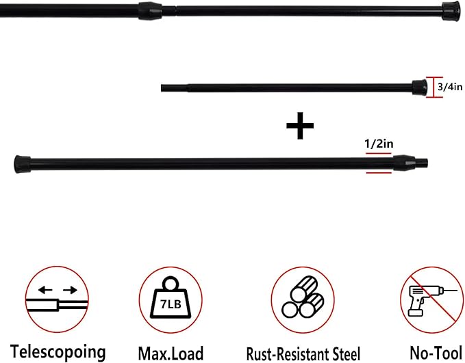 KXLife 2Pcs Spring Tension Curtain Rod, 28 to 40 Inch Adjustable Expendable Tension Rods for Windows, Black Spring Loaded Curtain Rod No Drilling