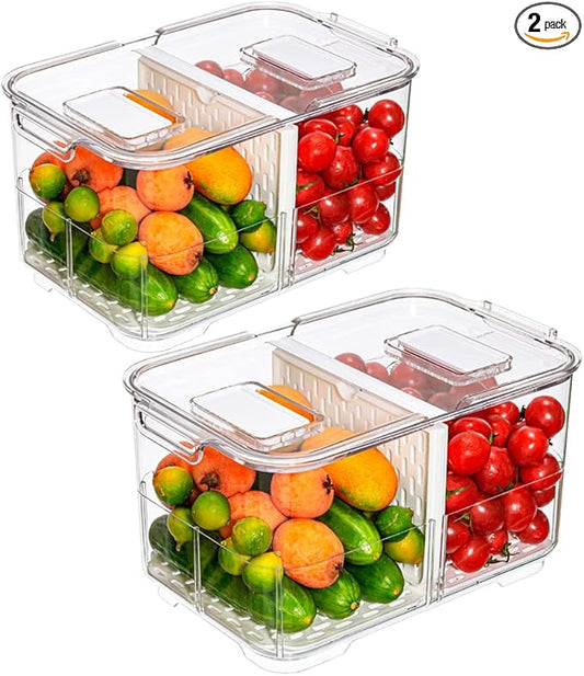 blitzlabs Lettuce Keeper Fridge Food Storage Container, Fresh Produce Saver Organizer Keeper Bins with Lids and Removable Drain Tray for Refrigerator Freezer Cabinet Kitchen 2800ML, 2 Pack