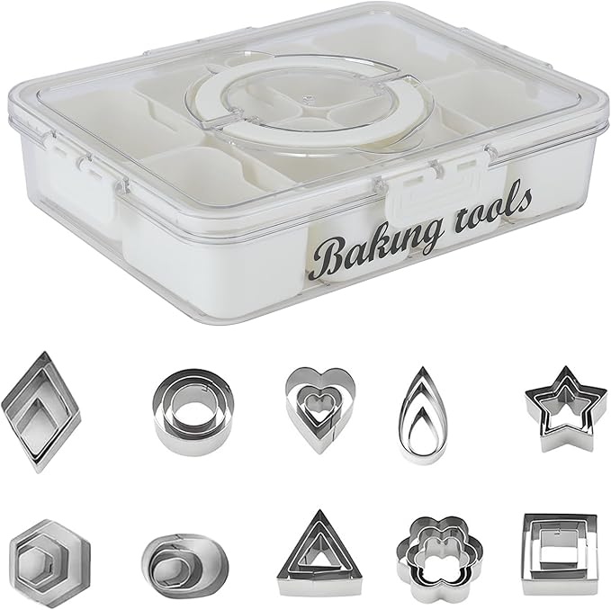 Cookie Cutter Tool Storage Box,Cake Decorating Supplies Accessories Bins,Cookie Cutter Storage with Mold,Transparent Dustproof Lid,Biscuits Cutters Organizer Storage with 8 Compartment