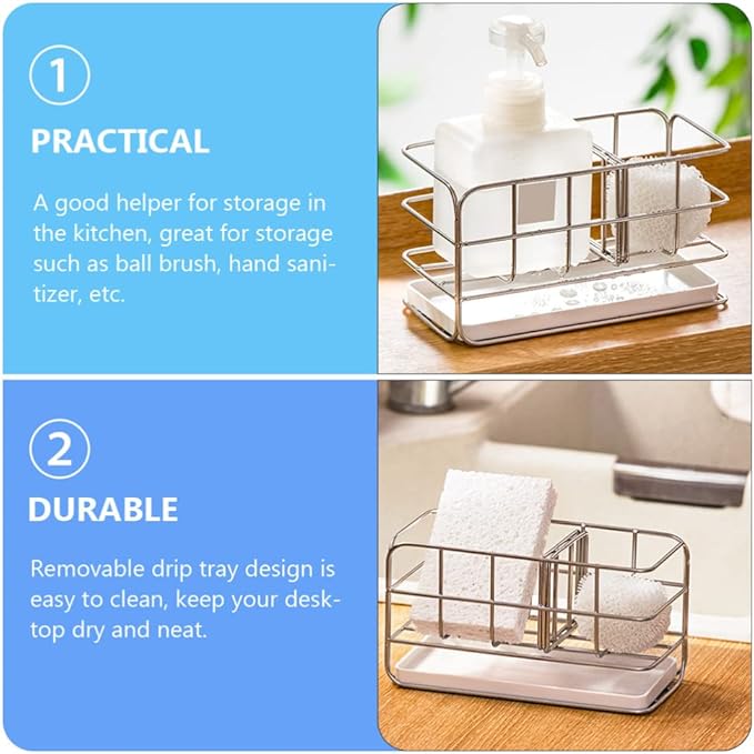 Kitchen Sink Caddy Sponge Holder: Metal Sink Drying Rack Stainless Steel Counter Draining Shelf Organizer for Sponge Brush Soap Dishcloth