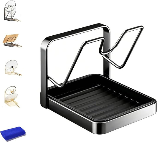 Kitchen Pot Lid Storage Rack, 304 Stainless Steel Holder and Spoon Rest, Lid Holder While Cooking, Multifunctional Kitchen Organizer Stand with Removable Drip Tray for Countertop (Single-layer Gray)