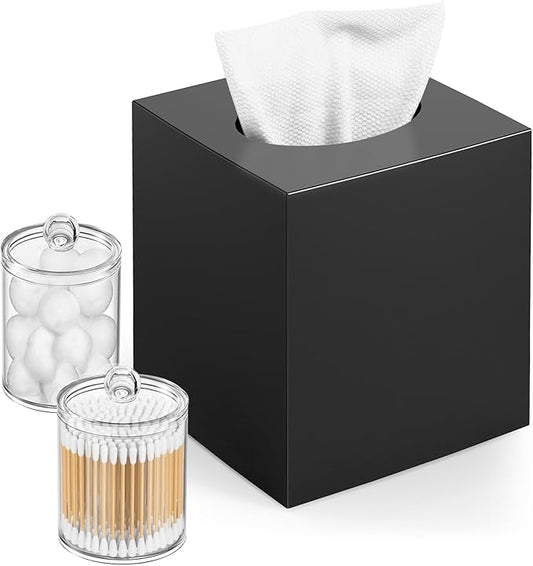 Tissue Box Cover, Square Facial Acrylic Tissue Box Holder with 2 Pack Clear Qtip Holder Dispenser, Bathroom Vanity Dresser Night Stand Essentials Accessories Decor, Modern Farmhouse Decor,Black