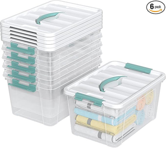6 Pack Plastic Latching Box with Handle, 12 Quart Clear Lidded Storage Bin