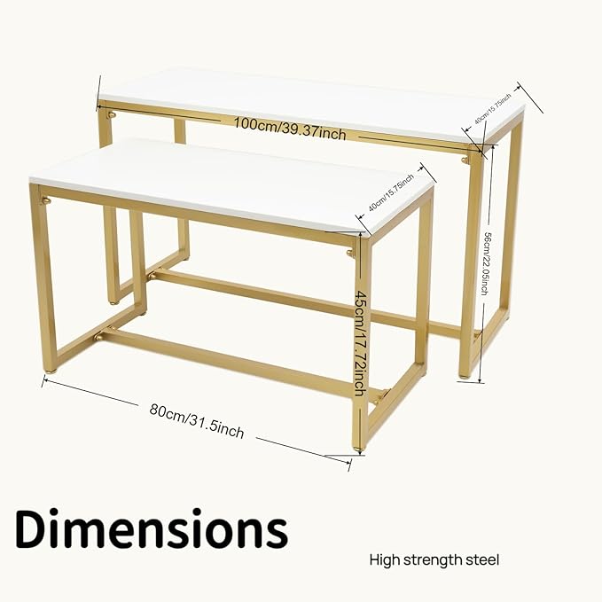 Gold 2-Piece Set Retail Display Tables, 31+40IN Width Modern Nesting Display Tables - Metal Display Riser Shelf for Shoes, Handbags, Home, Clothing Shops & Retail Stores -110lbs Load Capacity