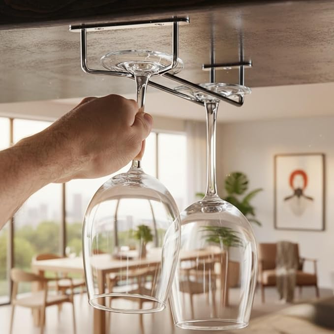 TrueCraftware- 10-Inch Wine Glass Rack Chrome Finish Set of 2- Stemware Rack Wire Hanging Rack Under Cabinet Wine Glass Stemware Holder Storage Hanger Organizer for Kitchen and Bar