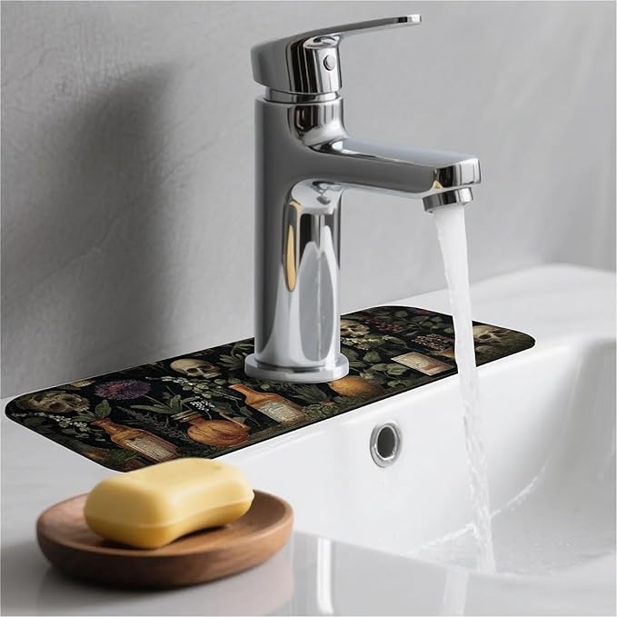 Kitchen Sink Splash Guard，Apothecary bottles, skulls Faucet Mat Sink Gadgets-Super Absorbent Fast Drying Mat Drip Catcher for Kitchen, Bathroom,Sink Mat, Dish Drying Mat, Bathroom(15" X 5.5" )