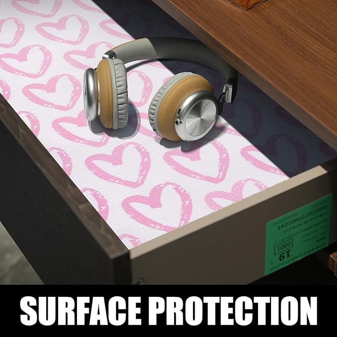 Amiitay Heart Drawer Liner for Cabinets 16IN x 10FT,Shelf Liner Non-Adhesive and Strong Non-Slip Cabinet Drawer Liners for Kitchen,Table,Bookshelves,Waterproof Cupboard Liners,Pink