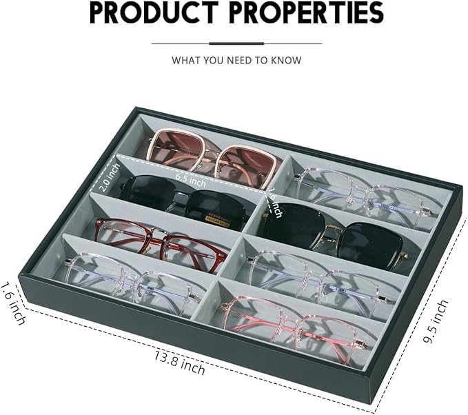 Glasses Holder Box Drawer Sunglass Organizer for Men Clear Wide Storage Case 8 Slots Multiple Reading Glasses Display, Black Leather