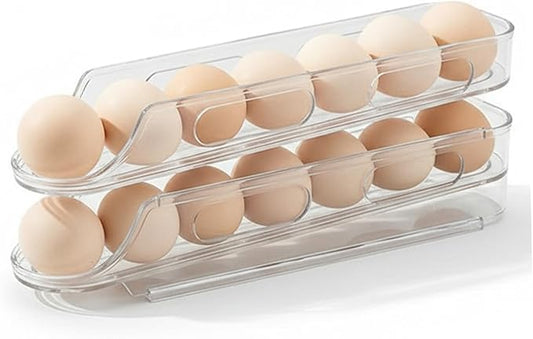 Egg Holder for Fridge, 2 Tier Automatic Scrolling Egg Storage Stackable Space-Saving Clear Plastic Fridge Container for Kitchen Restaurant